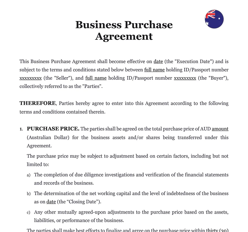 Business purchase agreement Australia