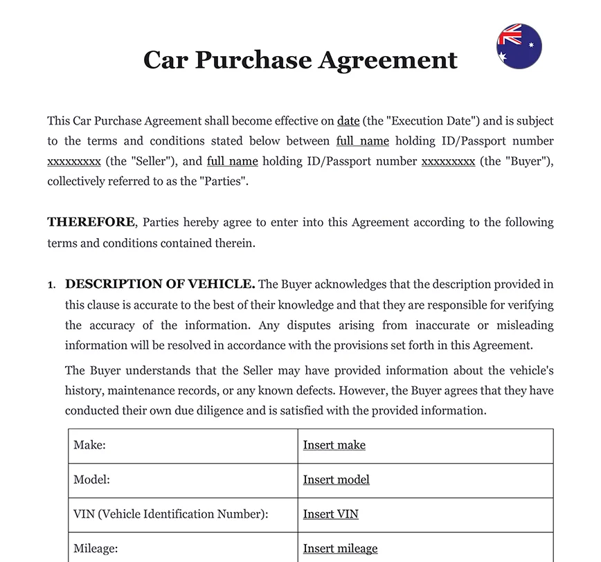 Car purchase contract Australia