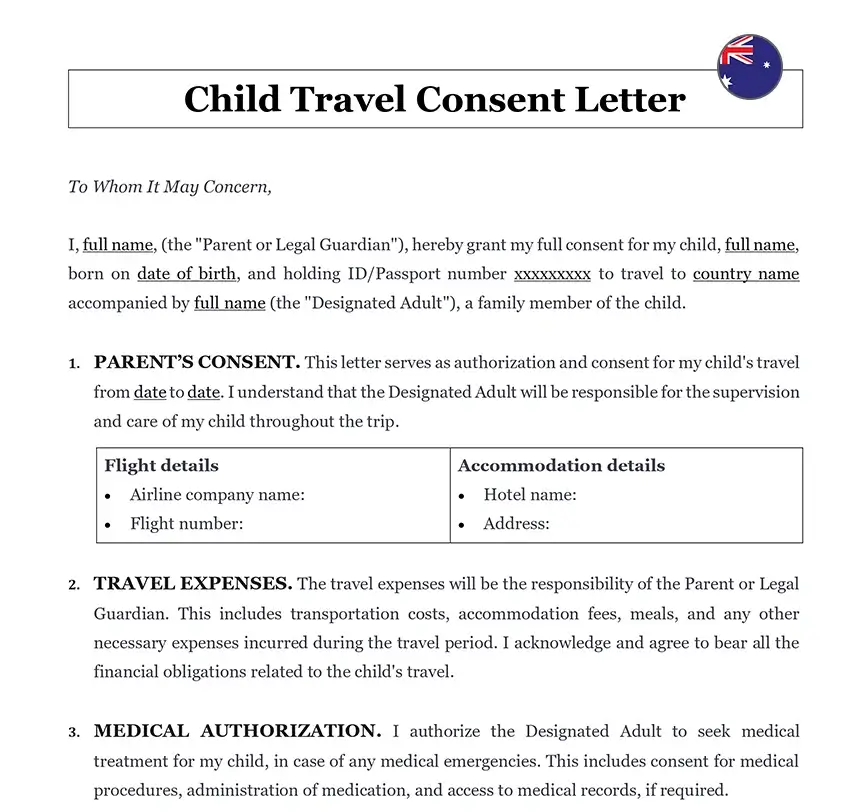 Child travel consent Australia