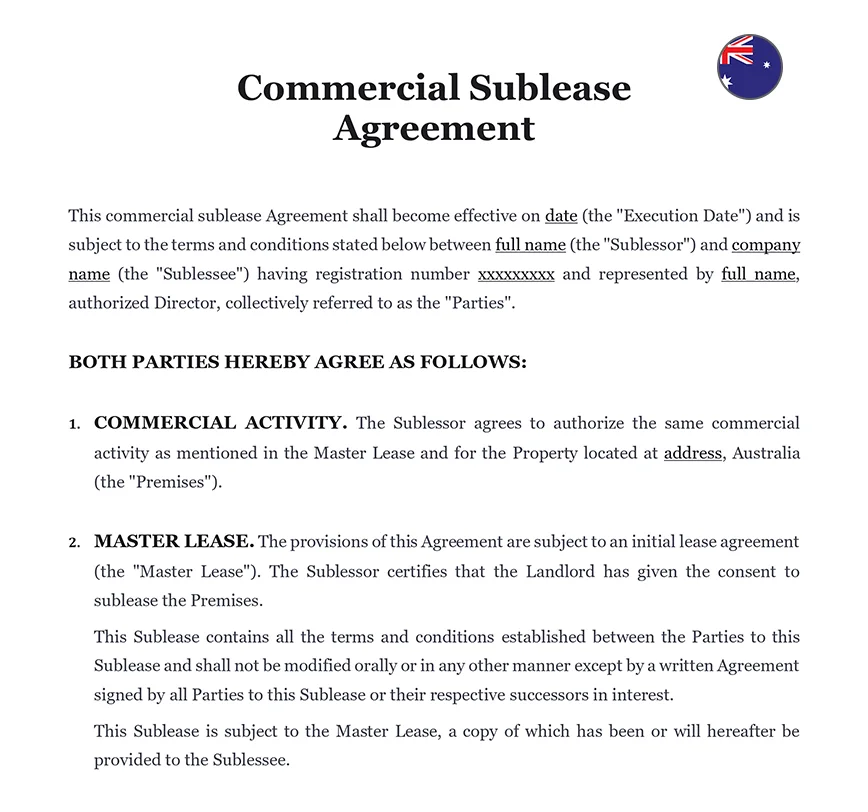 Commercial sublease agreement Australia