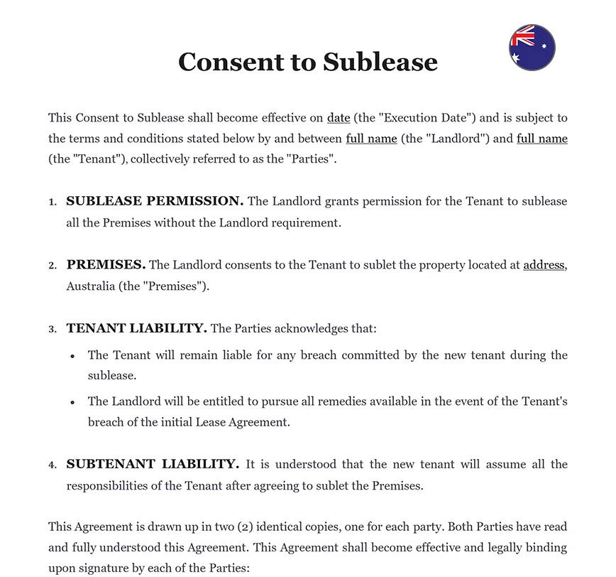 Consent to sublease Australia