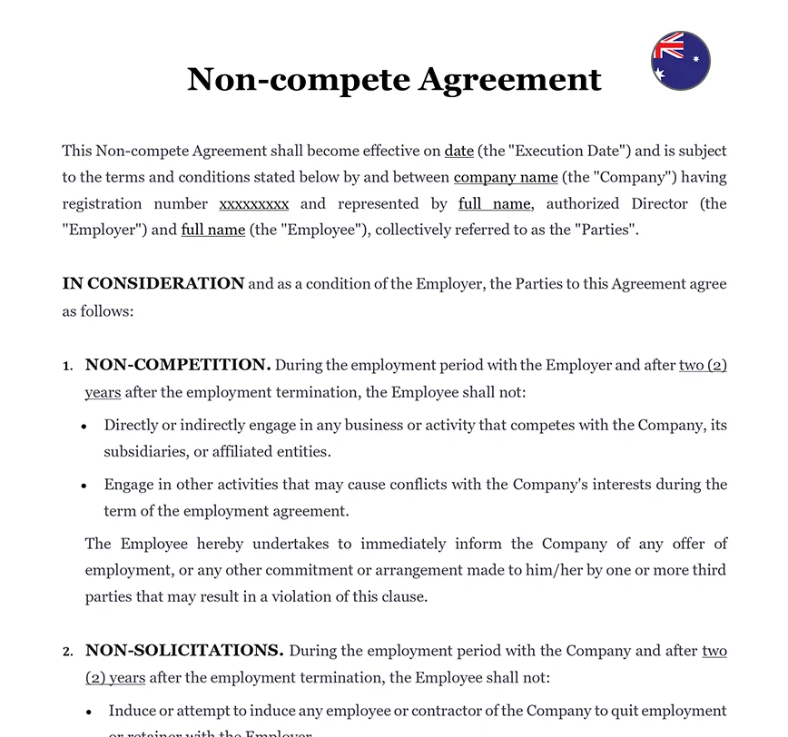 Employee non-compete agreement Australia