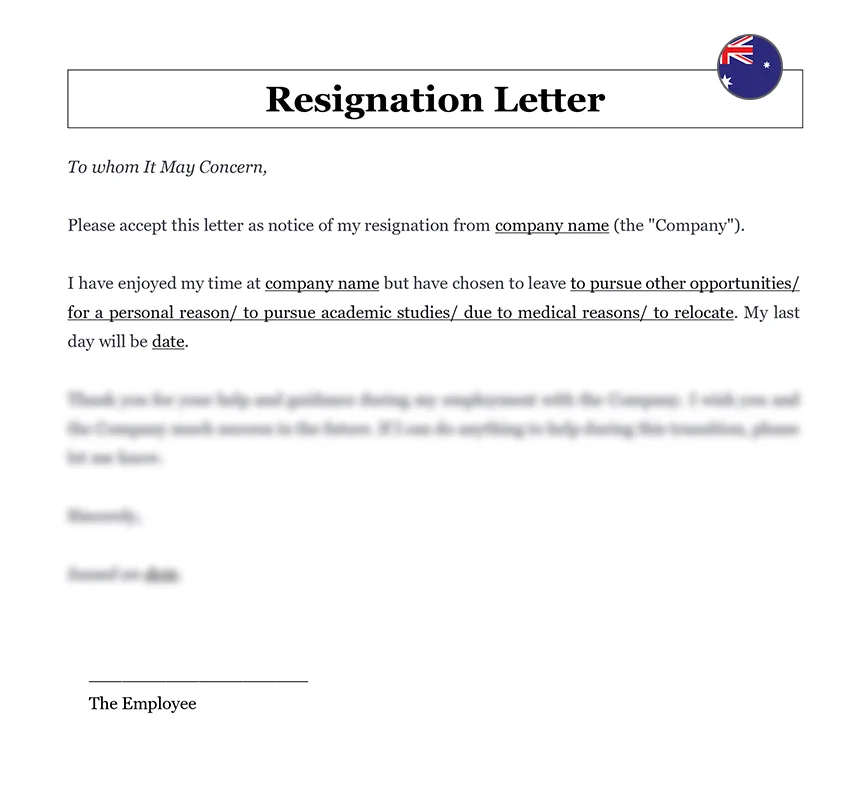 Employee resignation letter Australia