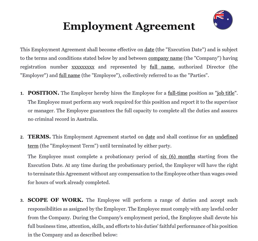 Employment agreement Australia