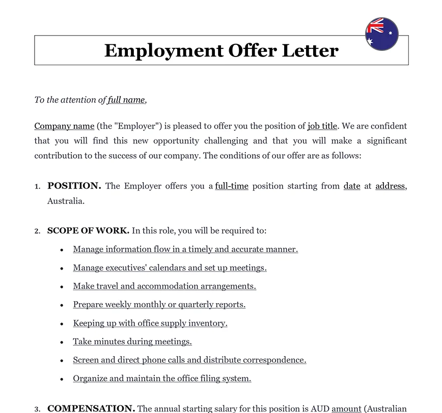 Employment offer letter Australia