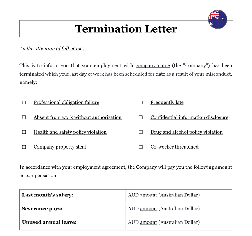 Employment termination letter Australia