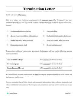 Employment termination letter Australia 1
