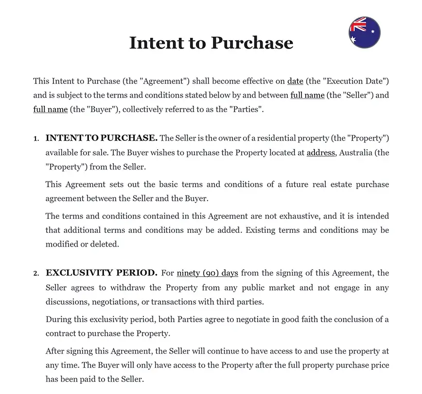 Intent to purchase letter Australia