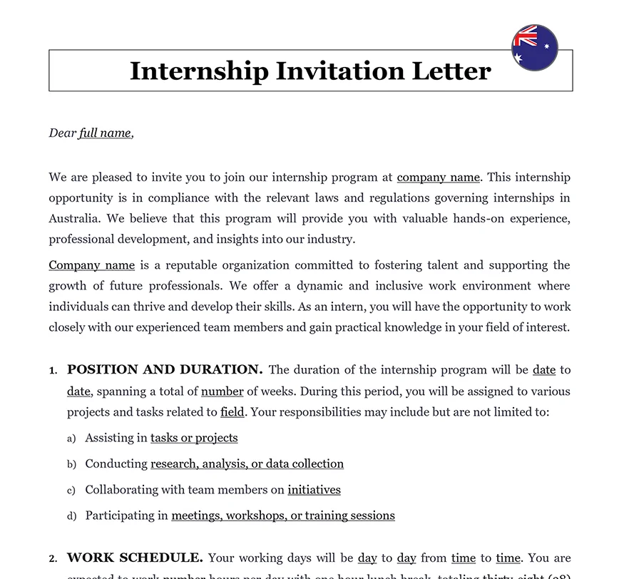 Internship invitation letter Australia