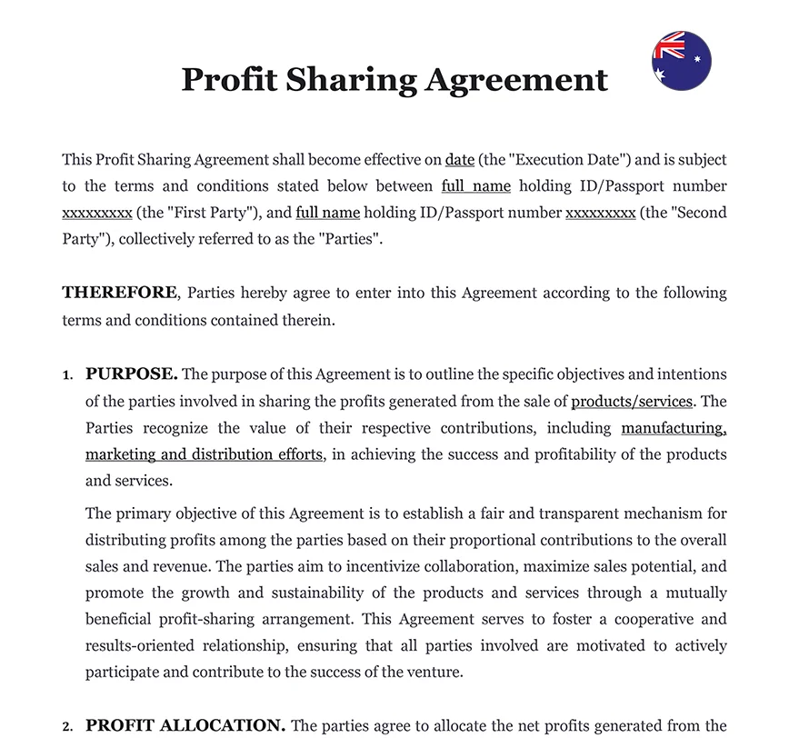 Profit sharing agreement Australia