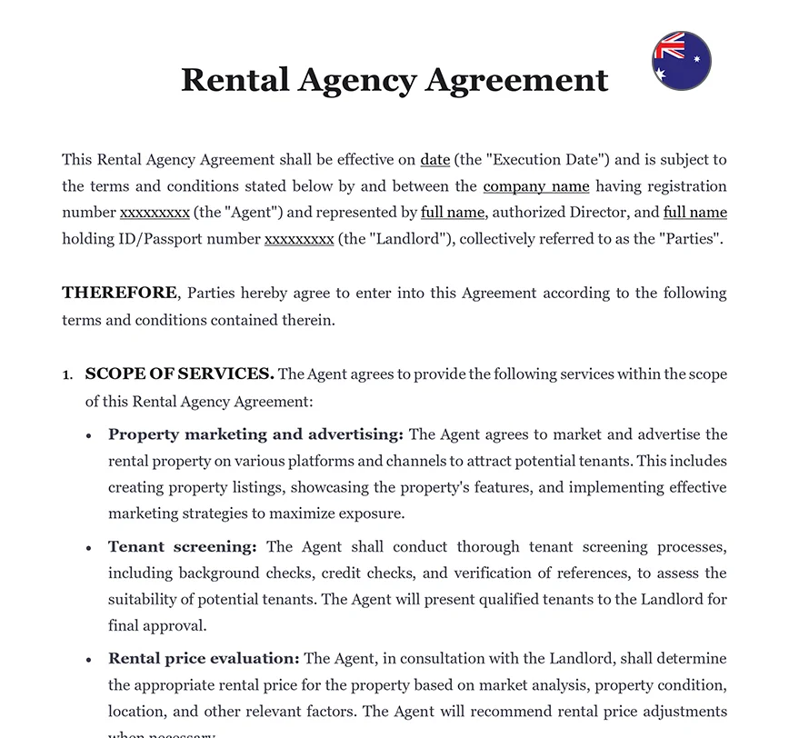 Rental agency agreement Australia