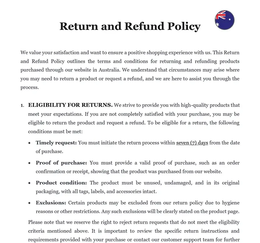 Return and refund policy Australia