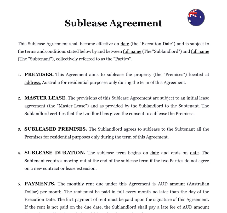 Sublease agreement Australia