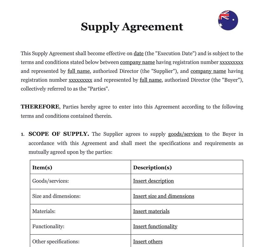 Supply agreement Australia